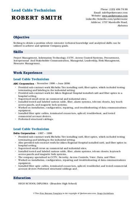 Lead Cable Technician Resume Samples Qwikresume