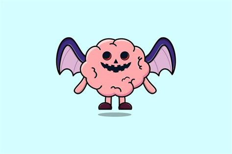 Premium Vector Cute Mascot Cartoon Brain Character Scary Bats Pumpkin