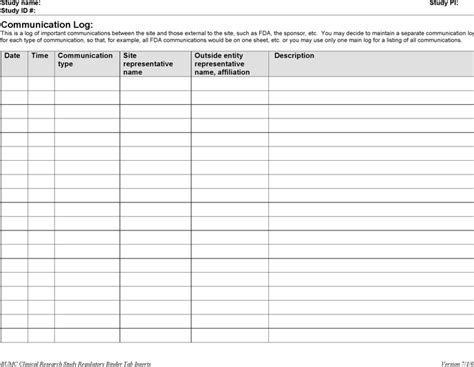 Sample Communication Log Sheet