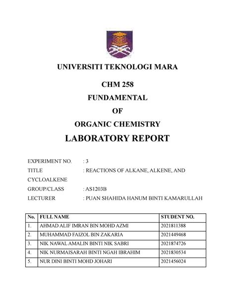 Report CHM Experiment 3 UNIVERSITI TEKNOLOGI MARA CHM 258 FUNDAMENTAL