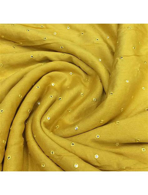 Yellow Dupion Or Dola Silk Fabric With Mirror Embroidery Saroj Fabrics