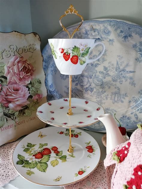 Three Tier Vintage Cake Stand Strawberries Roses Afternoon Tea Etsy