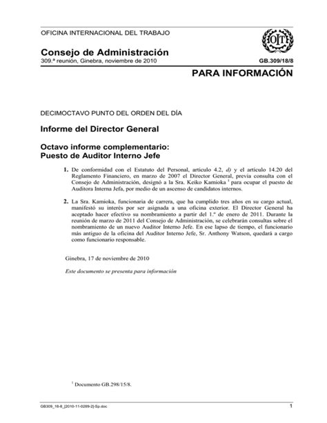 Informe Del Director General Octavo Informe Complementario