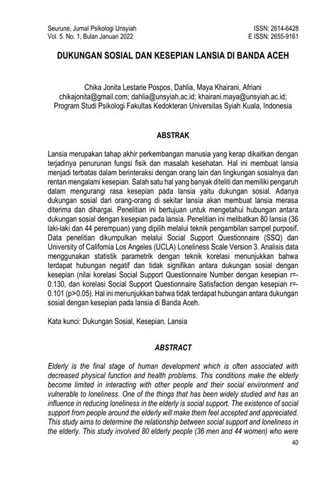 Pdf Dukungan Sosial Dan Kesepian Lansia Di Banda Aceh