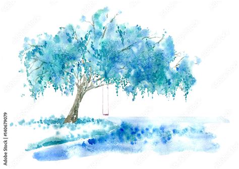 Weeping Willow On The Lake And Swing Blue Tree Watercolor Hand Drawn