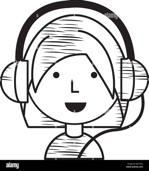 Sketch Of Cartoon Girl With Headphones Over White Background Vector