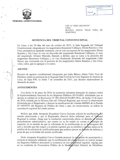 Sentencia Del Tribunal Constitucional Peruano Exp 831 2012 Pa Tc Demanda Judicial Ley