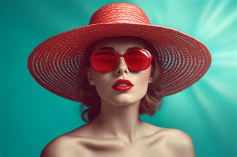 Premium Ai Image A Woman In A Red Hat And Sunglasses Stands In Front