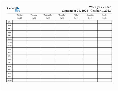 Weekly Calendar with Monday Start for Week 39 (September 25, 2023 to October 1, 2023) in PDF ...