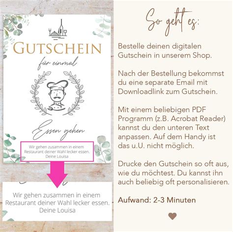 Liebevolle Gutschein Vorlage zum Essen gehen ♥ ⏩ Personalisierbar ♥