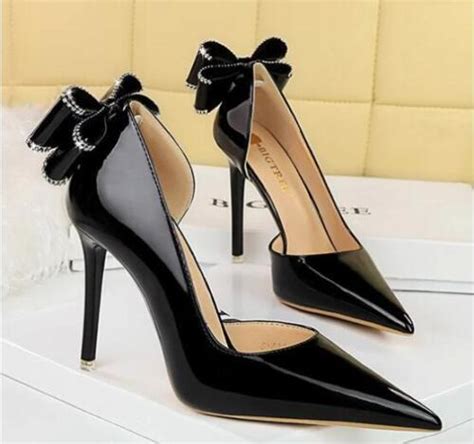 Womens Pumps Sexy Pointy Toe Diamante Bowknot Patent Leather Shoes High