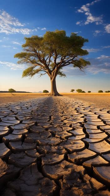 Un árbol solitario crece en tierra agrietada y ejemplifica las