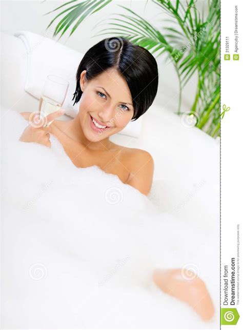 Lady Taking A Bath Drinks Sparkling Wine Stock Image Image Of