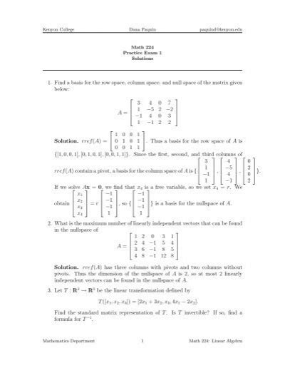 1 Find A Basis For The Row Space Column Space Kenyon College