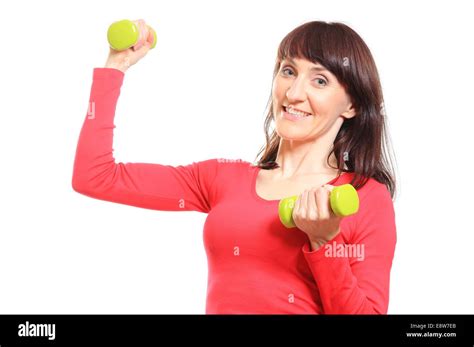 Brunette Woman During Fitness Exercise With Dumbbells Training With Dumbells Healthy Lifestyle
