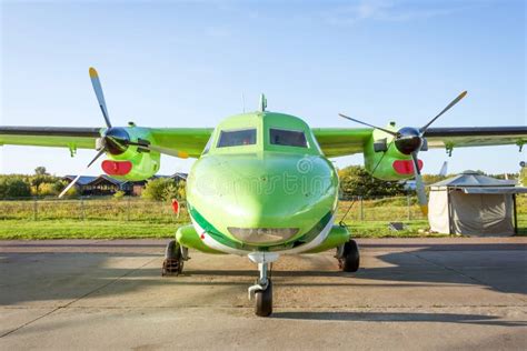 Turboprop Passenger Airplane Captured From Font Uprisen Angle Parking