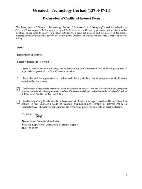 7 7 Gtb Declaration Of Conflict Of Interest Form 1 Edited Pdf Conflict Of Interest Trustee