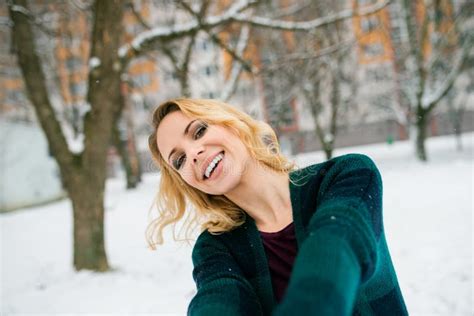 Blond Woman Taking Selfie Outside In Winter Nature Stock Image Image