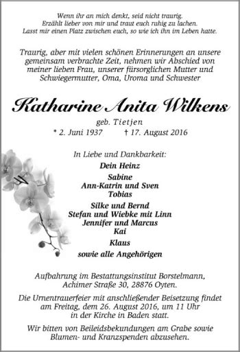 Traueranzeigen Von Katharine Anita Wilkens Trauer Kreiszeitung De