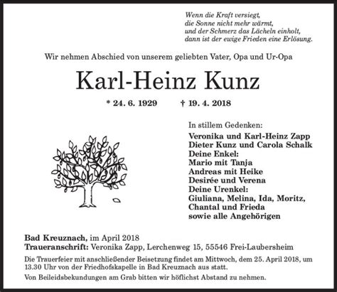 Traueranzeigen Von Karl Heinz Kunz Vrm Trauer De