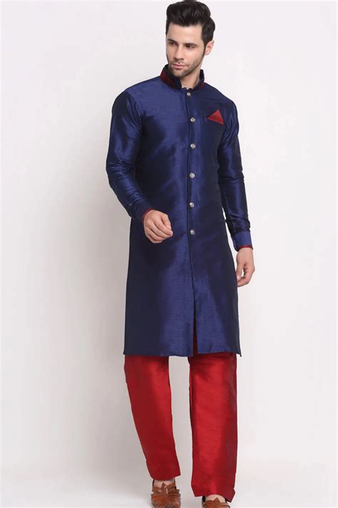 Solid Color Dupion Silk Kurta Set In Navy Blue 32 Ucchal Fashion