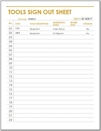 Tools Sign Out Sheet Template For Excel Word And Excel Templates