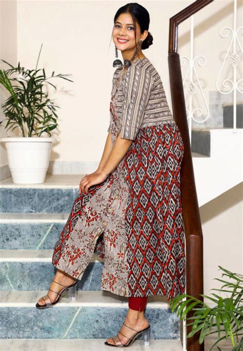 Buy Block Printed Pure Cotton A Line Kurta In Gray And Red Online