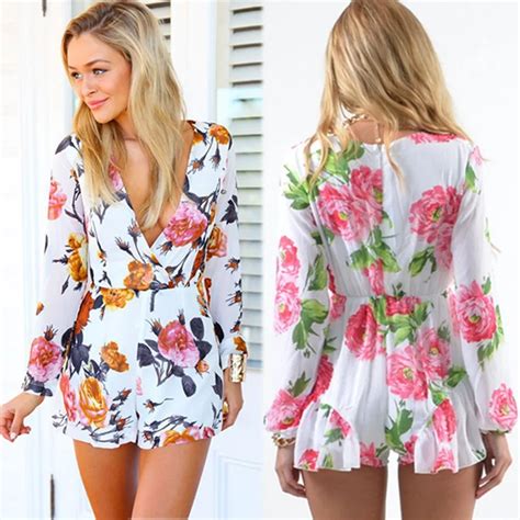 Women S Mono Floral Print Sexy Jumpsuits V Neck Long Sleeve Rompers