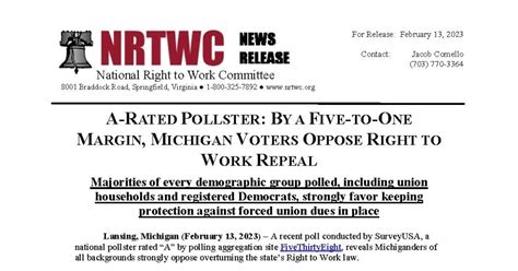 Poll 5 To 1 Michigan Voters Oppose Repealing Right To Work