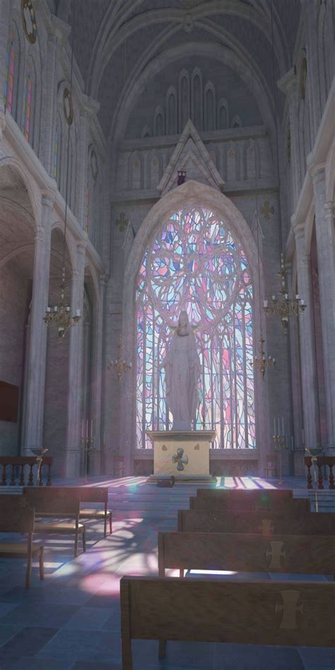 The Inside Of A Church With Stained Glass Windows And Pews In Front Of It