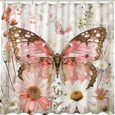 Vintage Style Butterfly And Daisy Shower Curtain Pink And Brown