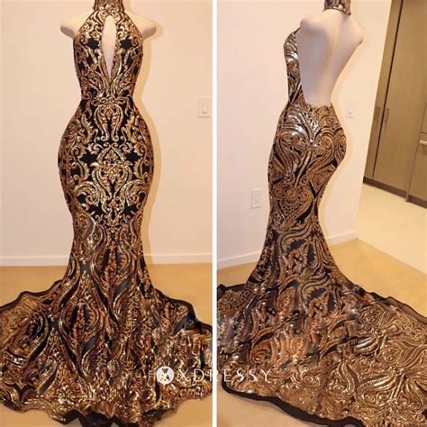 High Neck Backless Black Gold Sequin Prom Dress Xdressy