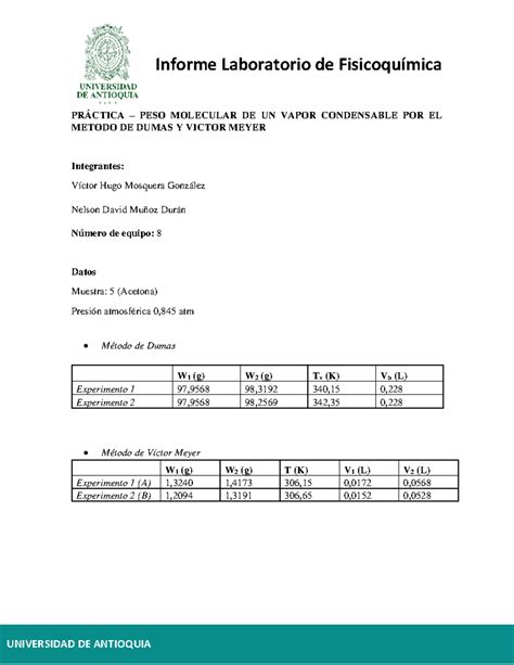 Peso Molecular Udea PrÁctica Peso Molecular De Un Vapor Condensable Por El Metodo De Dumas Y