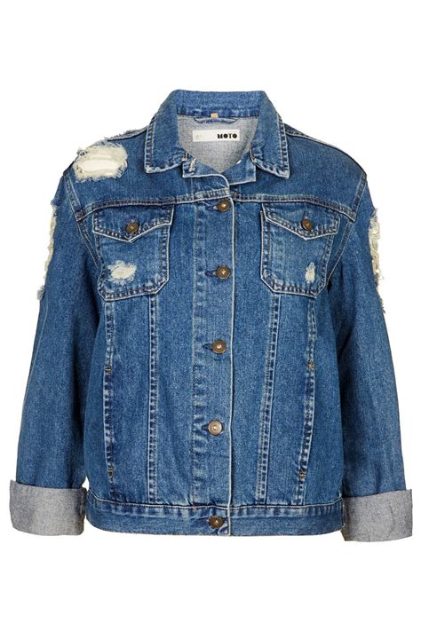 Topshop Moto Ripped Denim Jacket In Mid Stone Blue Lyst