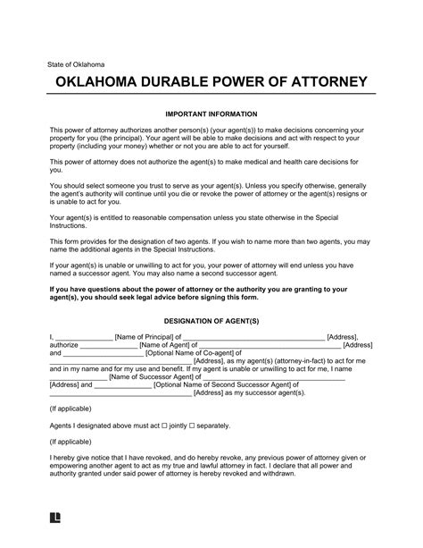 Free Oklahoma Durable Statutory Power Of Attorney Form Pdf And Word