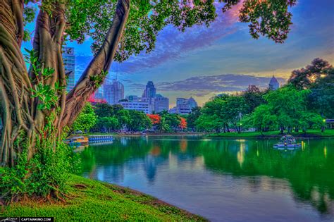 Lumpini Park Early Morning Before Sunrise At Bangkok Thailand Hdr