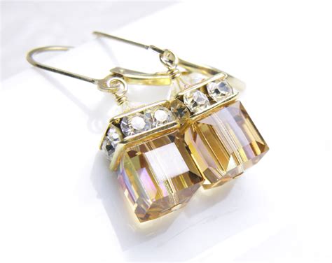 Yellow Topaz Crystal Earrings Swarovski Cube Drop Earrings Etsy