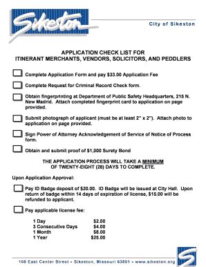 Fillable Online Sikeston Application Check List For Itinerant