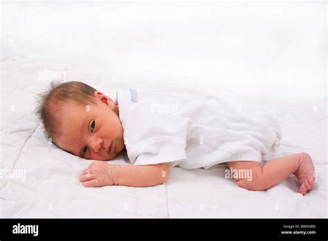 Beautiful Little Newborn Baby With Open Eyes Stock Photo Alamy