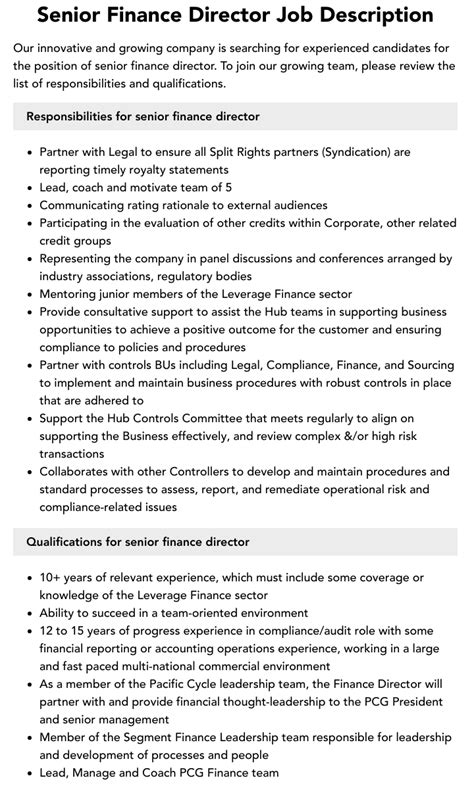 Senior Finance Director Job Description Velvet Jobs