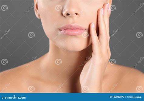 Closeup View Of Beautiful Young Woman On Grey Background Lips Contouring Skin Care Stock Image