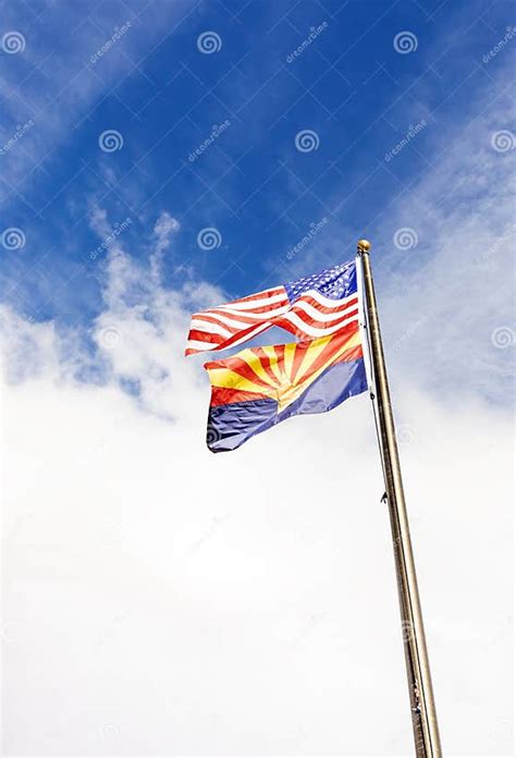 Design Waving American Usa Flags And Flag Of Arizona State On Flagpole On Background Of Stock