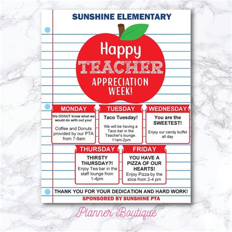 Editable Teacher Staff Appreciation Week Flyer Itinerary Printable