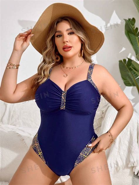 Shein Swim Curve Summer Beach Plus Size Printed Splicing One Piece