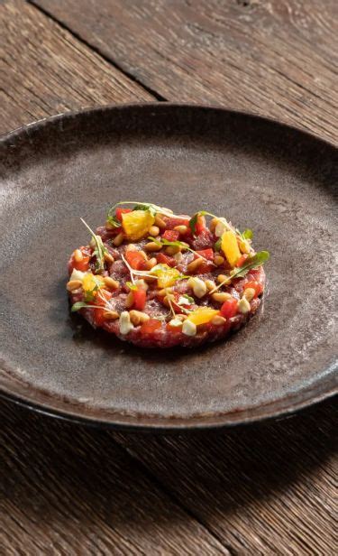 Hereford Aged Striploin Tartare Red Pepper Orange Pine Nut Recipe In