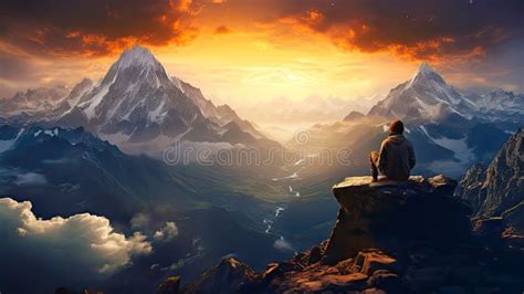 A Man On Top Of The Highest Mountain Looking Down At The Ground Stock