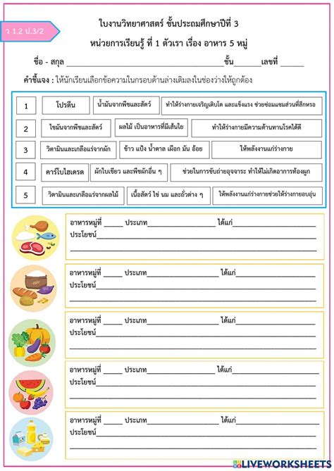 ใบงานอาหาร 5 หมู่ วิชาวิทยาศาสตร์ ป 3 Worksheet วิทยาศาสตร์ ป 3