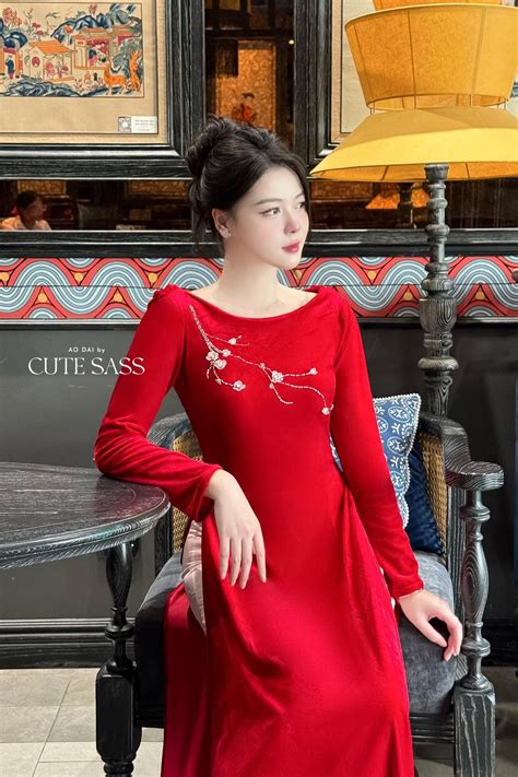 Huyen Mi Red Velvet Boat Neckline Ao Dai Set 35b Ao Dai By Cute Sass