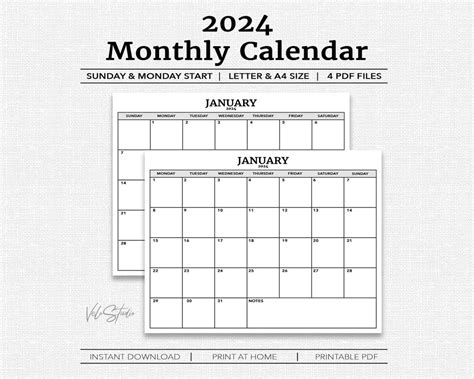 Printable Calendar 2024 12 Month Calendar PDF Minimalist Monthly ...