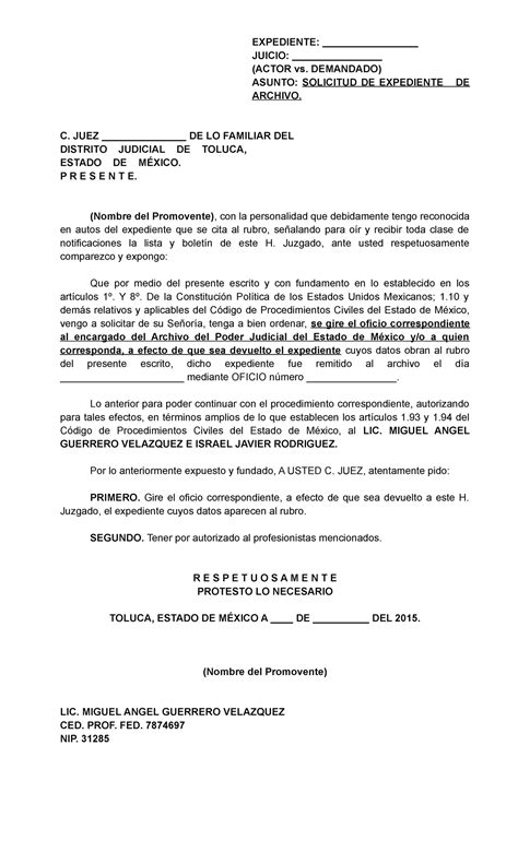 escrito para solicitar se devuelva expediente de archivo expediente juicio